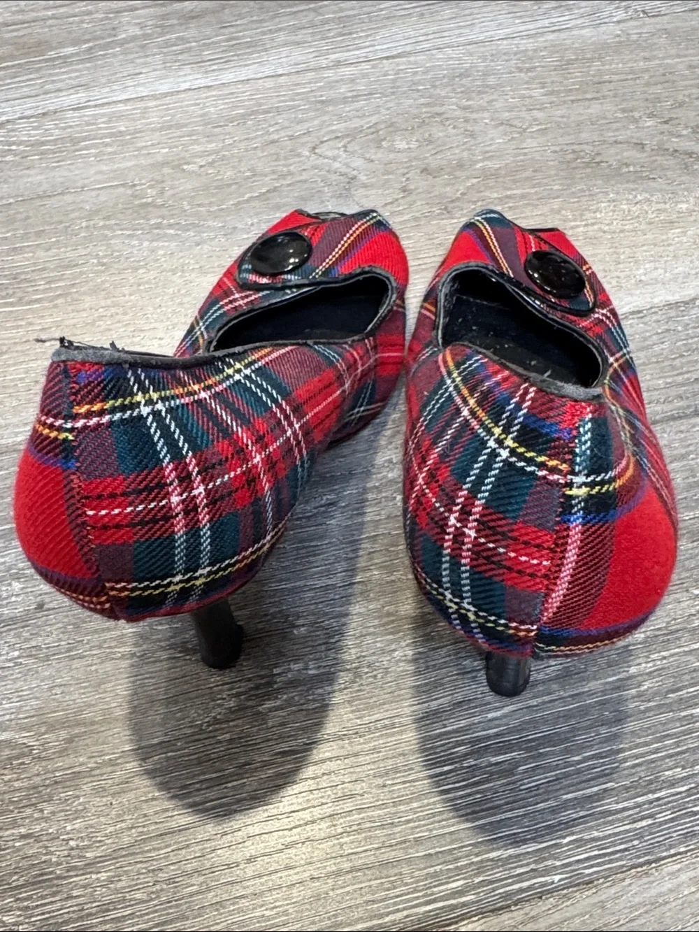 Chinese Laundry Red Plaid Peep-Toe Pumps with Button Accent